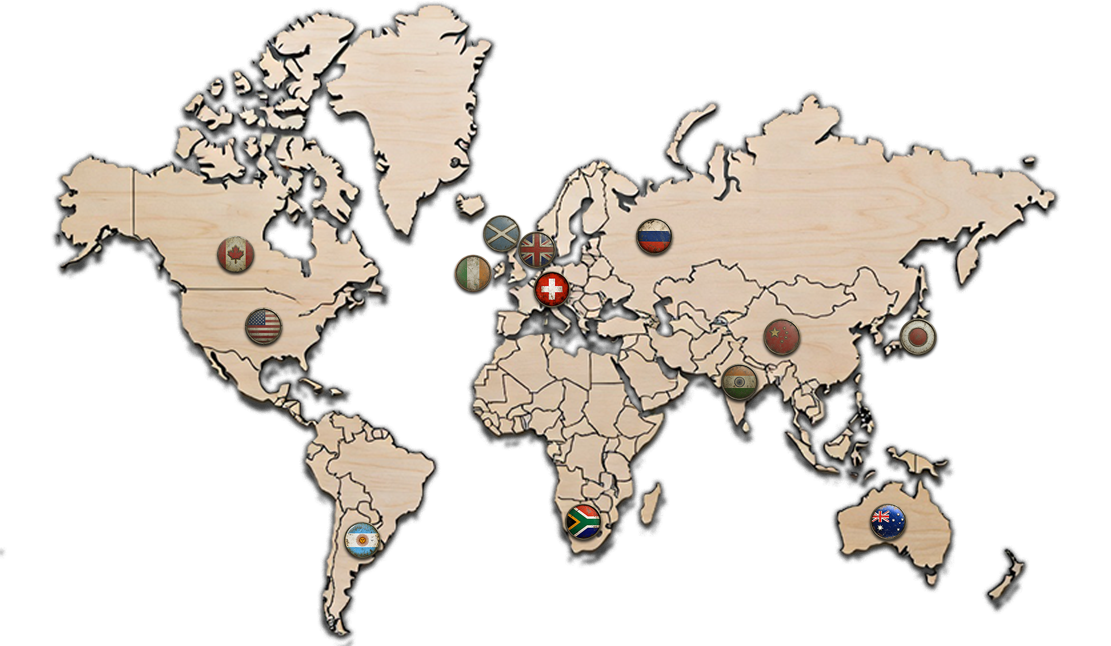 World map showing international Whisk(e)y Wanderer trail badges for countries including the United States, Scotland, Ireland, United Kingdom, Switzerland, Russia, China, Japan, India, South Africa, Australia, and Argentina
